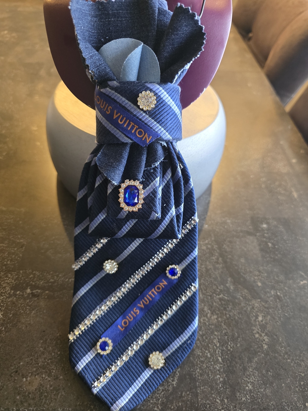 Navy Blue & Denim Handcrafted Necktie Necklace W/ Crystal-Embellishments.